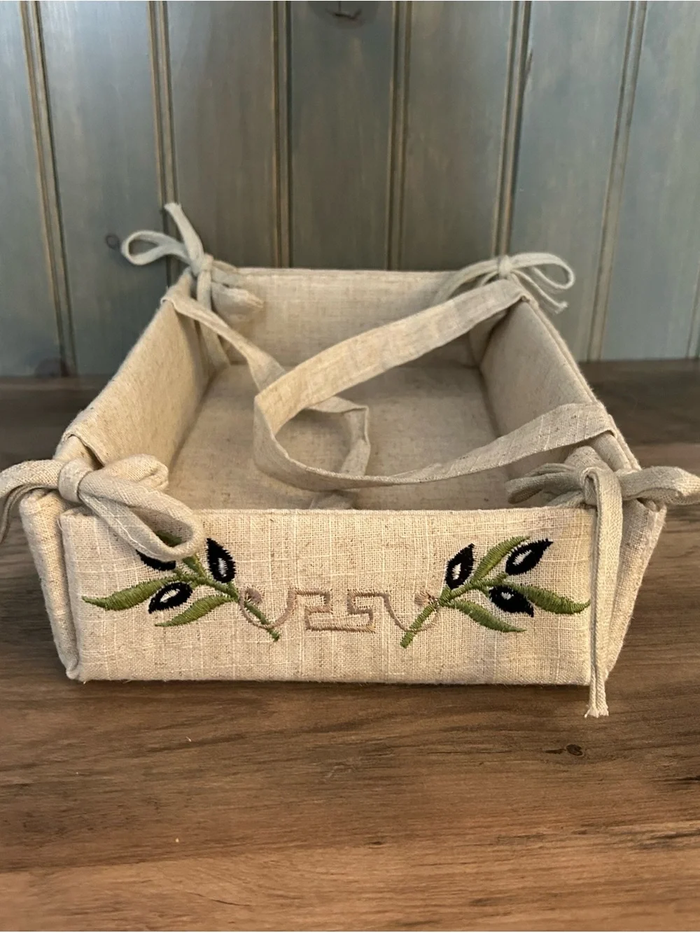 Neutral Embroidered Linen Tray with Olive Leaf Accent